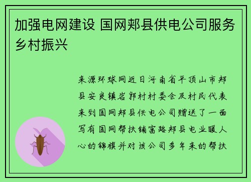 加强电网建设 国网郏县供电公司服务乡村振兴