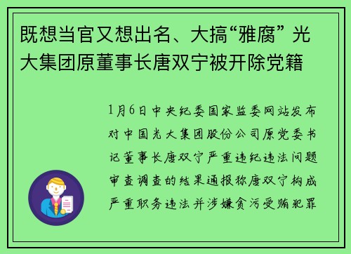 既想当官又想出名、大搞“雅腐” 光大集团原董事长唐双宁被开除党籍