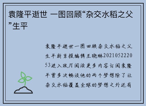 袁隆平逝世 一图回顾“杂交水稻之父”生平