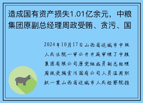 造成国有资产损失1.01亿余元，中粮集团原副总经理周政受贿、贪污、国有公司人员滥用职权案一审开庭