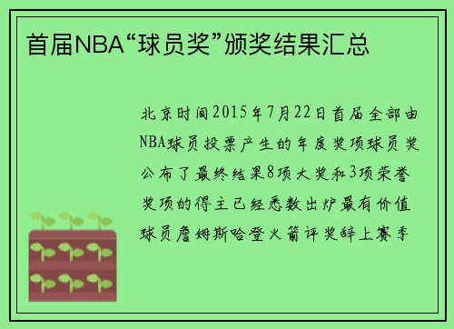 首届NBA“球员奖”颁奖结果汇总